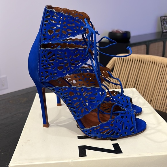 Schutz Ciara Bright Blue Suede Lace-up Heels in Color Klein - Picture 2 of 9